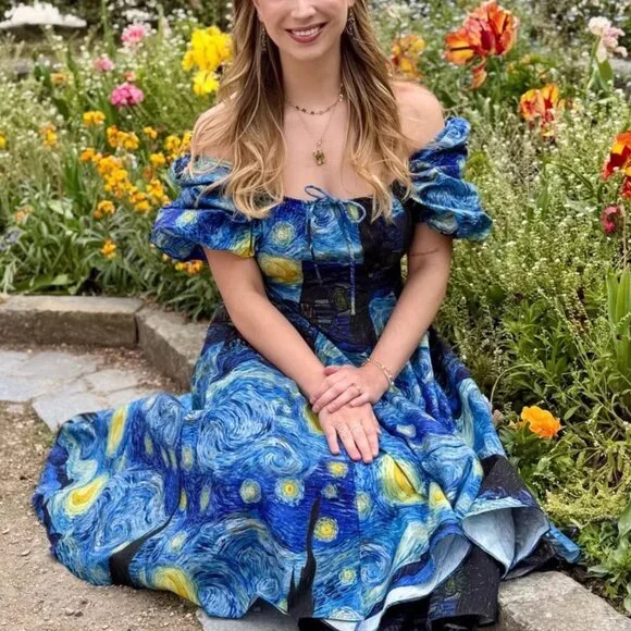 BEST Selkie The Starry Night Day Midi Dress Navy Van Gogh Masterpiece Medium - Picture 3 of 14